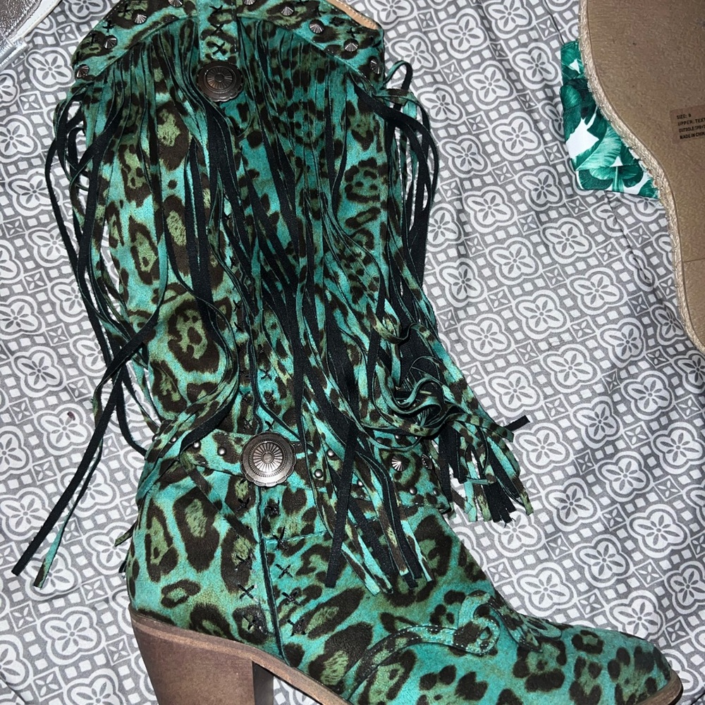 Green Leopard Print Fringe Boots